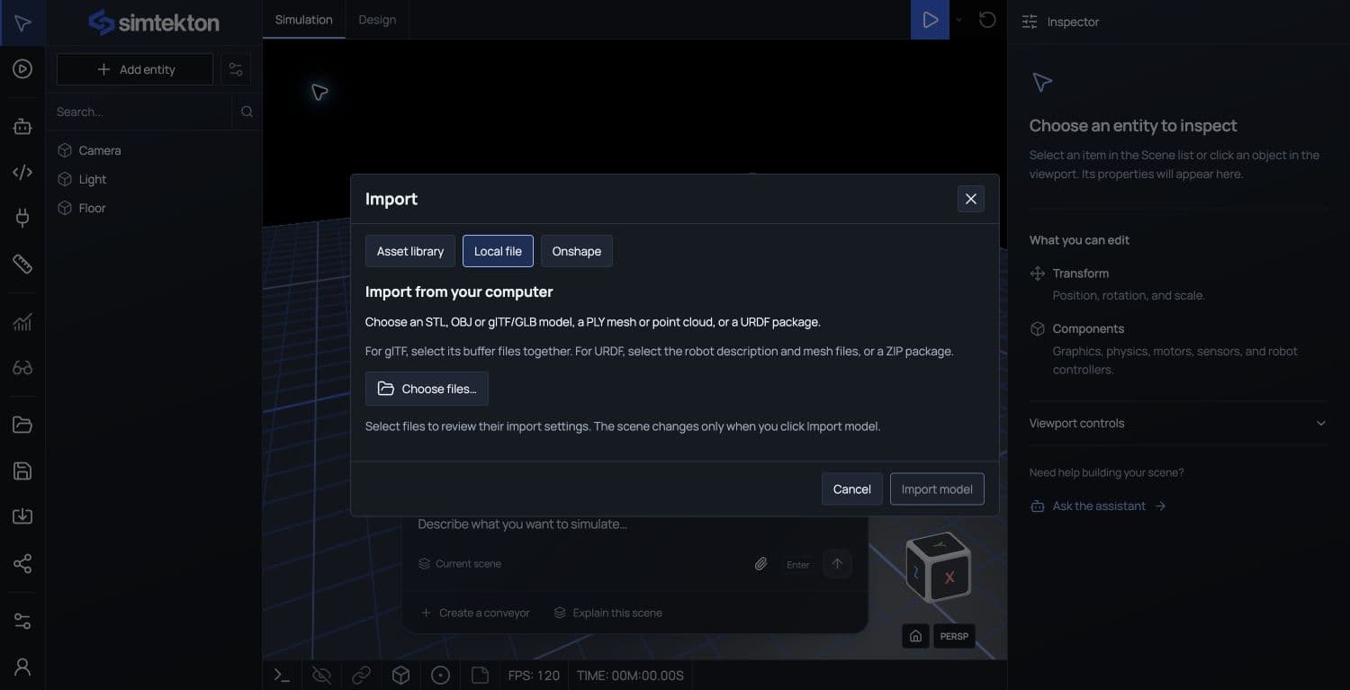 Import dialog in the Simtekton editor
